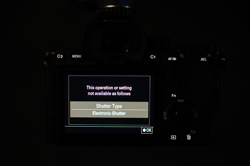 Screenshot of camera menu showing unavailable shutter type setting
