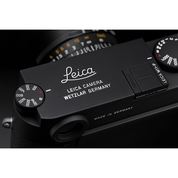 Leica M rangefinder camera top plate showing Leica branding and Wetzlar Germany text