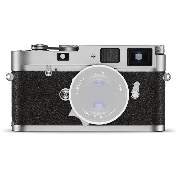 Leica M rangefinder camera with silver top plate and black leather body, shown from front with lens removed