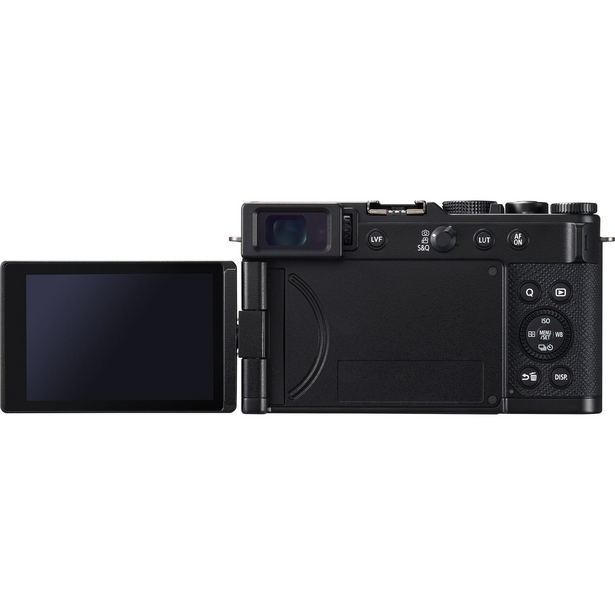 Compact mirrorless camera with articulating touchscreen display shown from top and rear angles