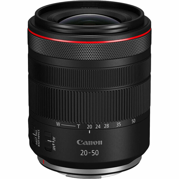 Canon RF 20-50mm f/2.8 STM lens with red accents and focal length markings