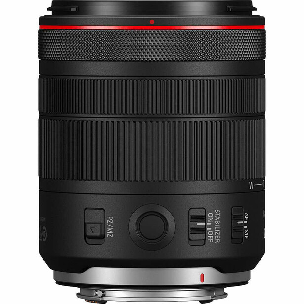 Canon RF-mount telephoto zoom lens with red accent ring and electronic controls displayed front-on