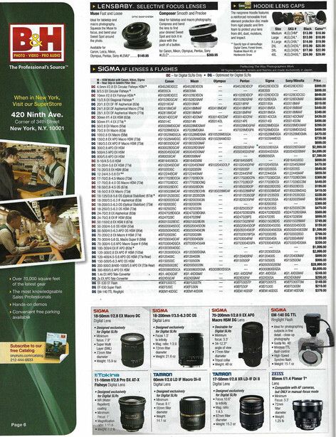 B&H third party lens prices in 2010