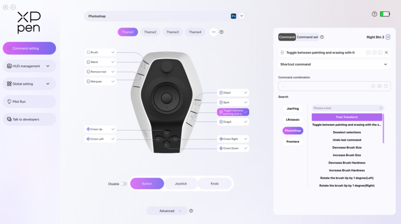 Screenshot of XD Pen design tool interface showing a smartwatch mockup with command customization panel