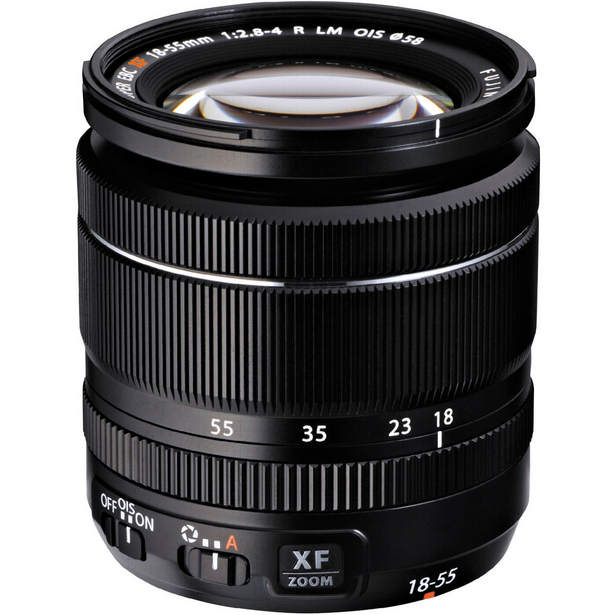 Fujifilm XF 18-55mm f/2.8-4 R LM OIS zoom lens with focus ring and aperture markings visible