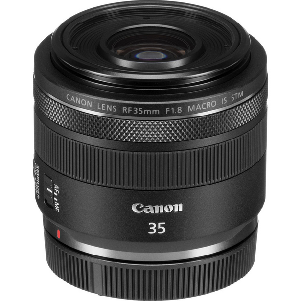 Canon RF 35mm f/1.8 Macro IS STM lens with black barrel and metal mount