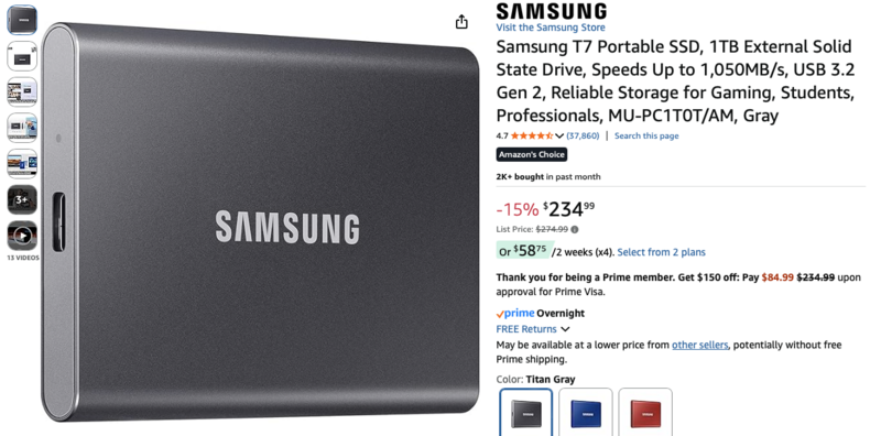 Samsung T7 Portable SSD product listing screenshot showing device, specs, and pricing