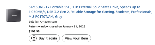 Screenshot of Samsung T7 Portable SSD product listing on Amazon