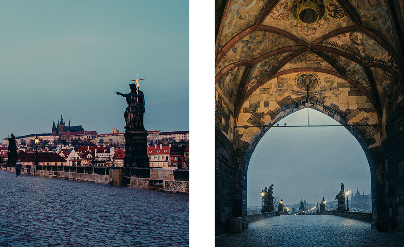 Diptych comparison of Prague's Charles Bridge from two perspectives: wide cityscape view and architectural archway framing.