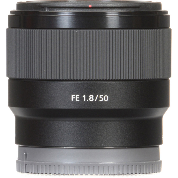 Sony FE 1.8/50 prime lens with gray ribbed focus ring and black barrel