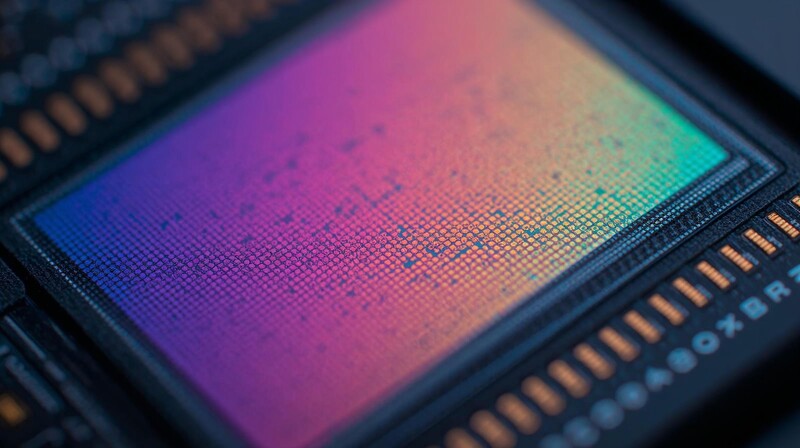 Close-up of a computer microchip with colorful gradient lighting across its pixel array surface