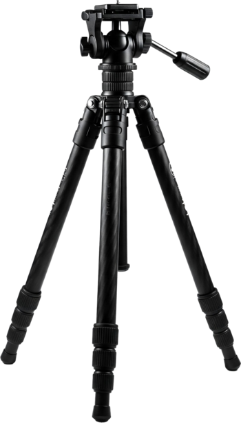 Professional video tripod with fluid head and telescoping legs against white background