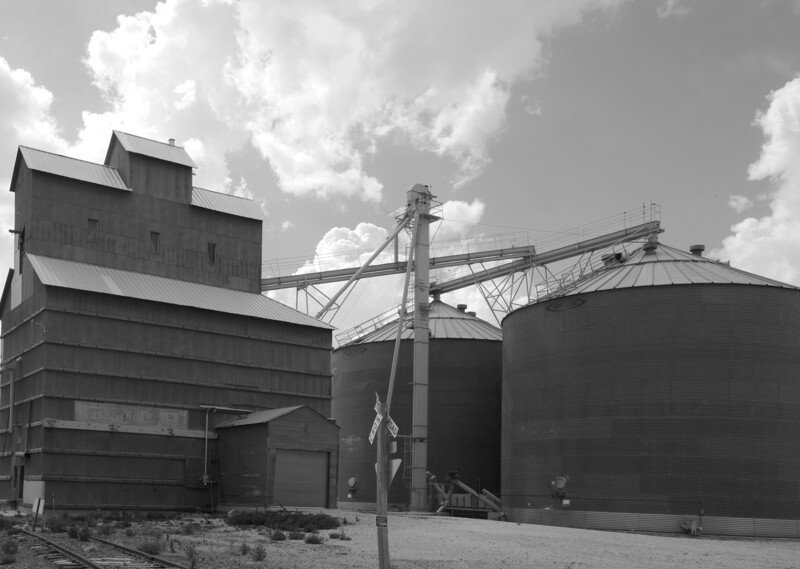 Black and white photograph of industrial grain elevator complex with storage silo and conveyor system