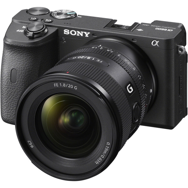 Sony α6700 mirrorless camera with 18-20mm lens mounted, shown from front-left angle