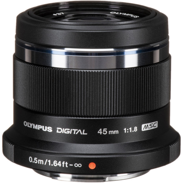 Olympus 45mm f/1.8 MSC lens with black barrel and chrome focusing ring