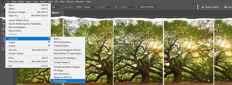 Screenshot of Adobe Photoshop File menu with Automate submenu expanded, showing options like Batch and PDF Presentation