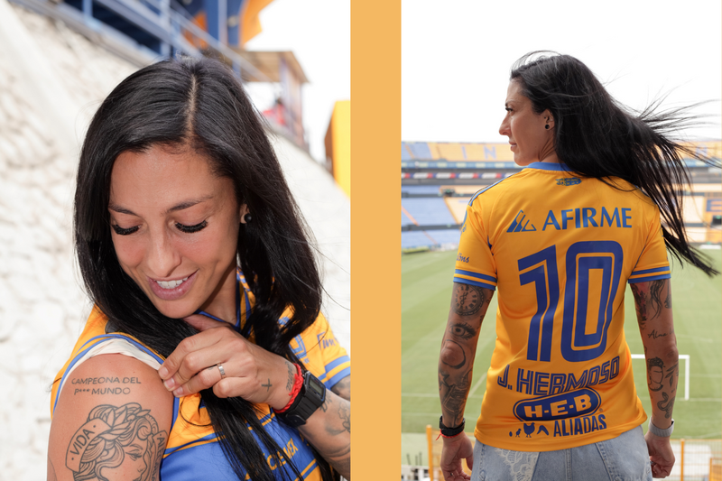 Woman in yellow sports jersey with visible shoulder tattoo, shown in split-frame composition with stadium background