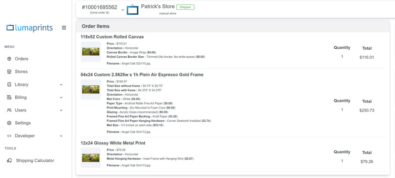 Screenshot of Lumaprints order management interface showing three custom print products