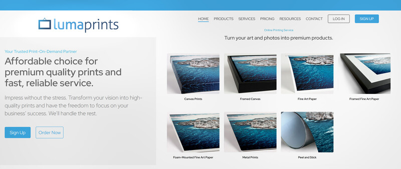 Screenshot of Lumaprints website displaying print product options including canvas, framed canvas, fine art paper, and metal prints