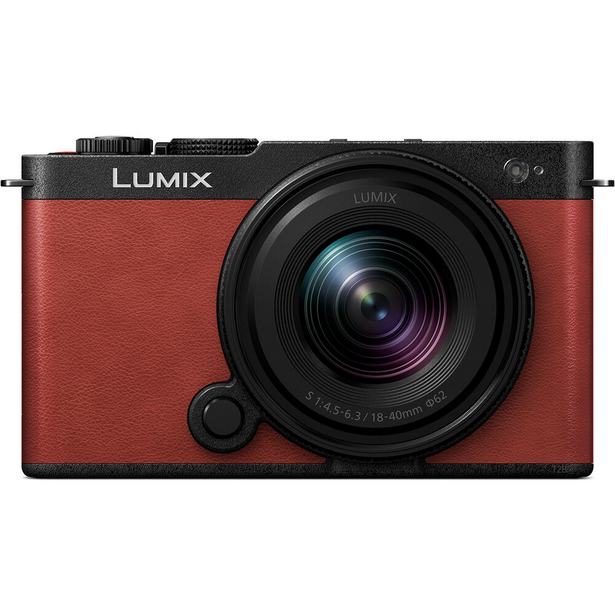 Panasonic Lumix S9 mirrorless camera with red leather body and black lens
