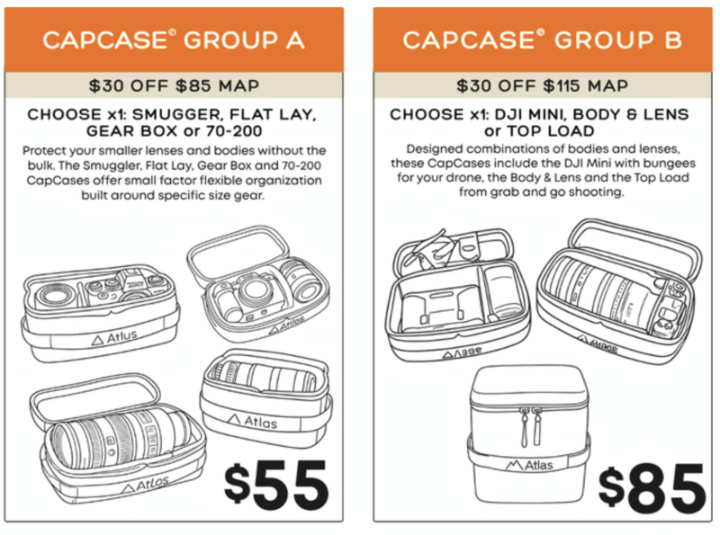 Illustration comparing two CapCase camera gear protection case groupings with pricing and product details