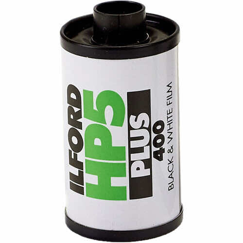 Ilford HP5 Plus 400 black and white film canister with black lid and white label
