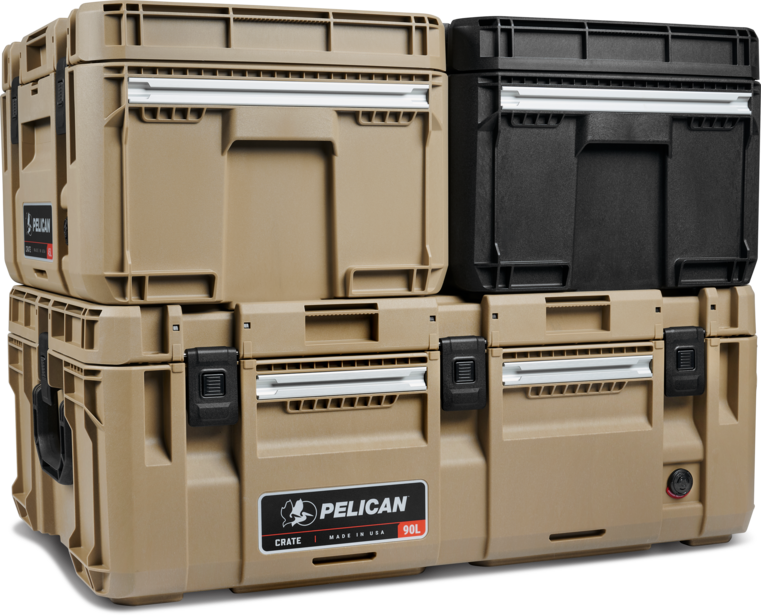 Pelican transport cases stacked and configured for equipment storage