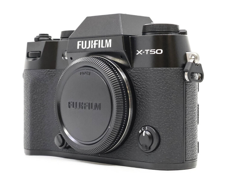Fujifilm X-T50 mirrorless camera body displayed from front-left angle