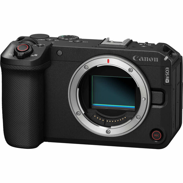 Canon EOS R5C mirrorless camera body shown from front angle against white background