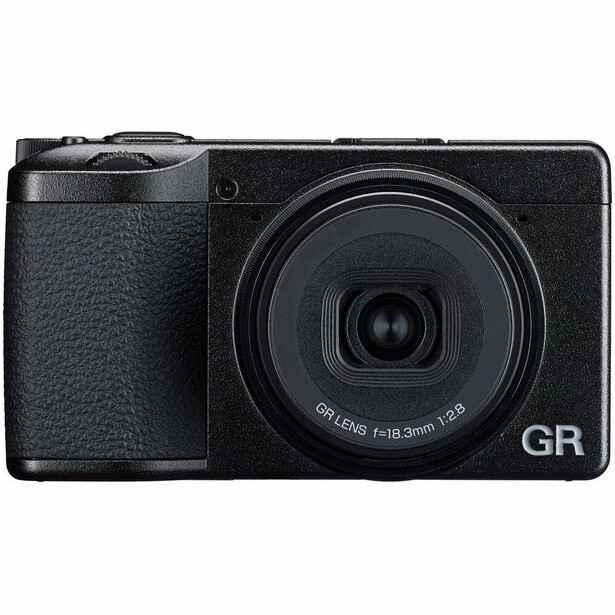 Ricoh GR compact digital camera with fixed 28mm lens on white background