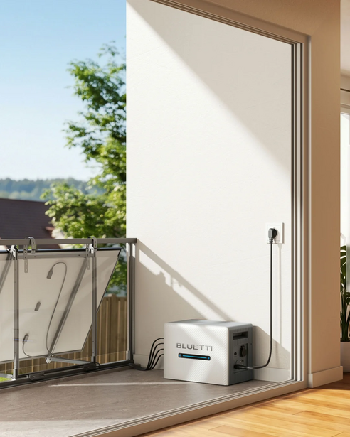 Modern portable air conditioning unit on sunny balcony with open glass door