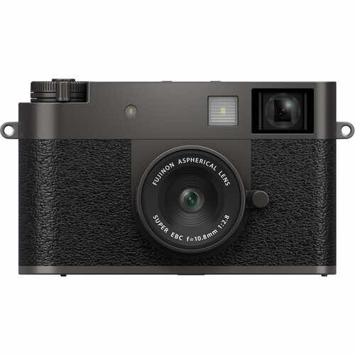 Fisheye Achromat II instant film camera with gray top plate and textured black leather body