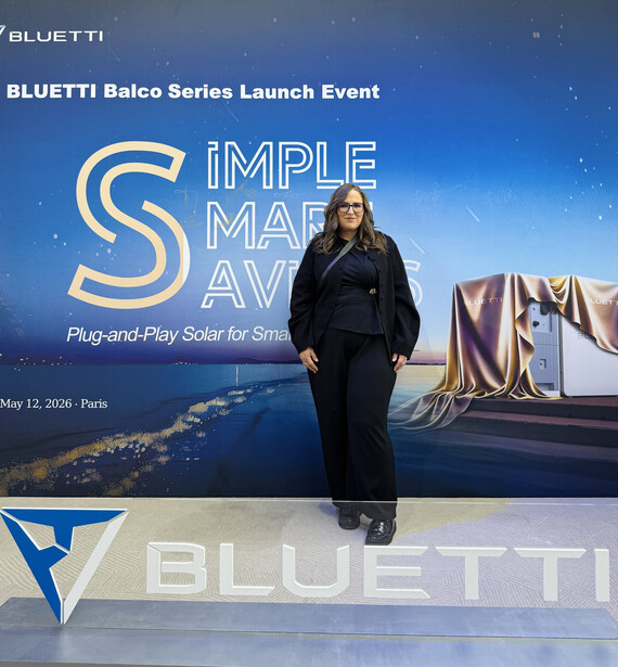 Woman on stage at BLUETTI Balco Series Launch Event with 'Simple Solar' branding visible