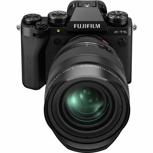 Fujifilm X-T5 mirrorless camera with attached lens, front view on white background