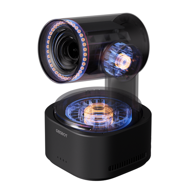 Black robotic camera with illuminated blue LED ring lights and articulated arm