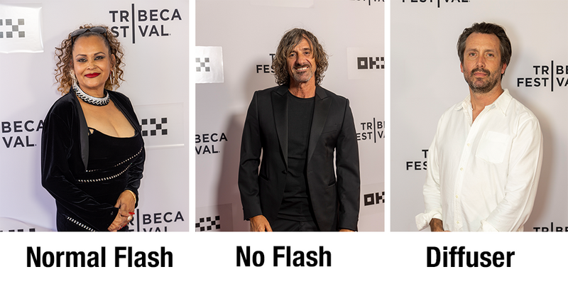 Three portrait photographs demonstrating different on-camera flash techniques at a festival event