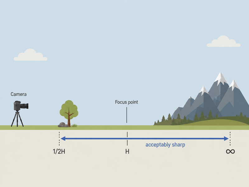 Illustration of depth of field diagram showing camera focus distance and sharpness zones