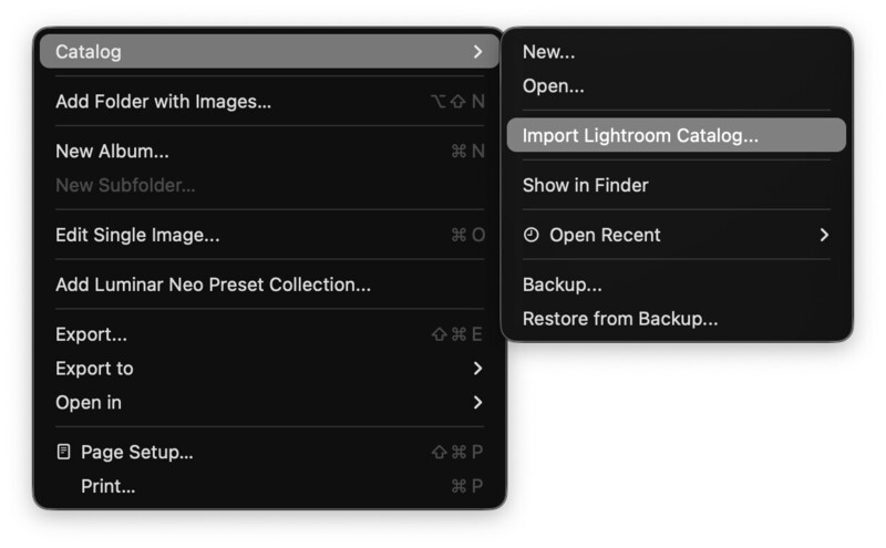 Screenshot of Lightroom menu options showing File and New menus with catalog management and import features