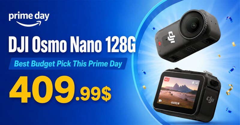 Prime Day promotional graphic advertising DJI Osmo Nano 128G action camera at $409.99