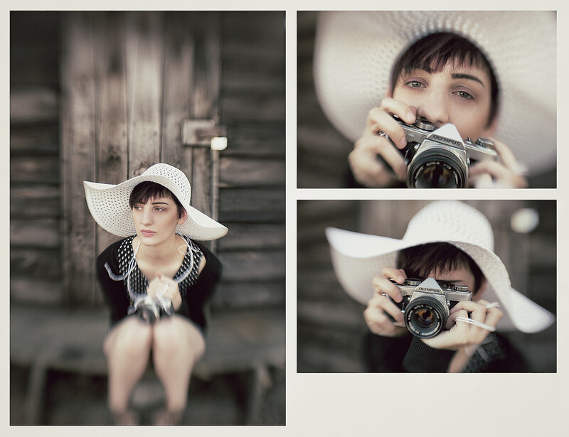 Young person in wide-brimmed hat holding vintage film camera, compositional study with detail shots
