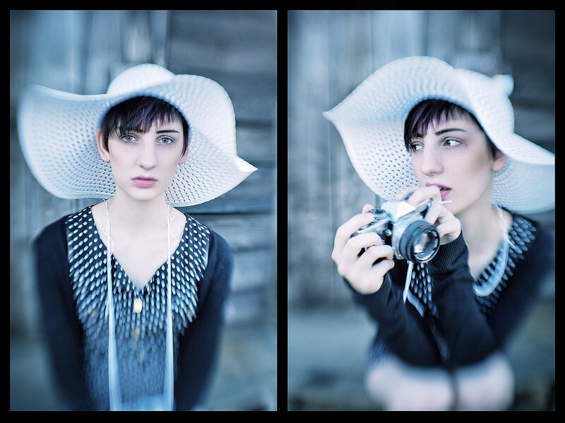 Diptych portrait of woman in wide-brimmed white hat holding vintage camera