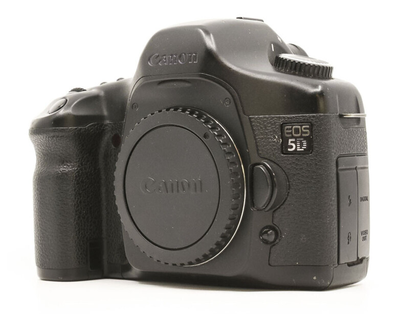 Canon EOS 5D DSLR camera body shown from front-left angle against white background