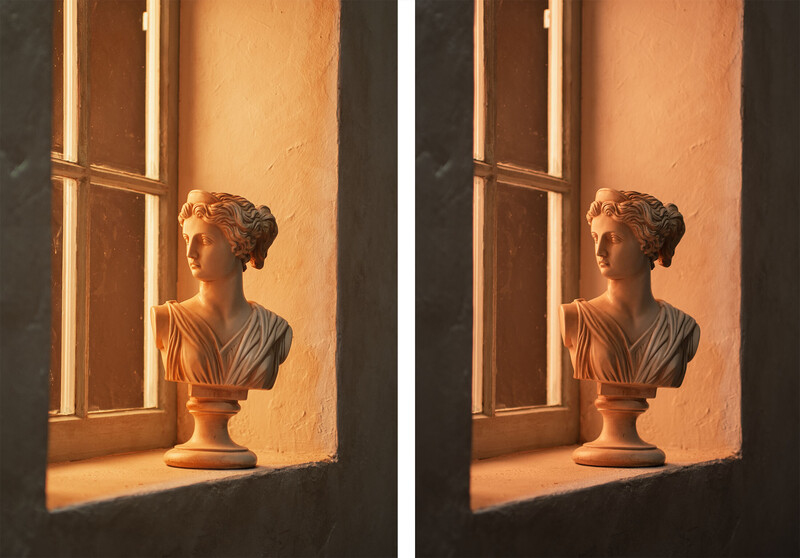 Side-by-side comparison showing classical bust sculpture with warm window lighting
