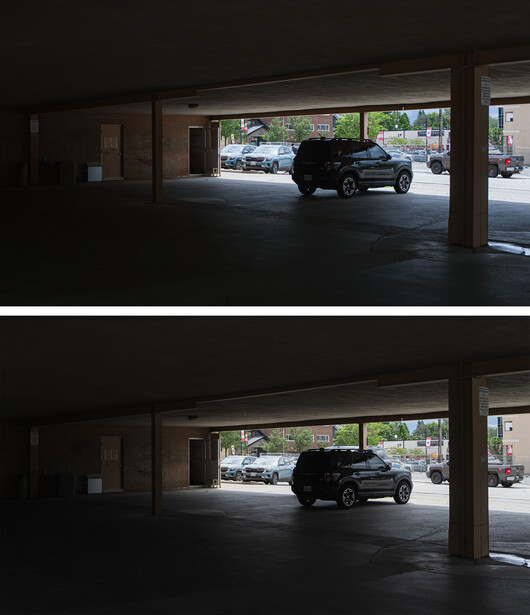 Comparison of two photos showing a black SUV in a covered parking structure with different exposure levels
