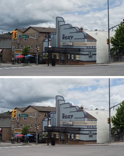 Side-by-side comparison of the same street corner scene with the Roxy theater building