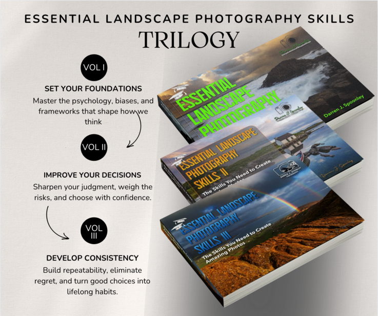 Graphic illustration of three landscape photography books stacked at an angle, labeled Vol. I, II, and III, representing a trilogy on essential skills.