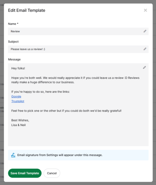 Screenshot of email template editor dialog with message composition fields