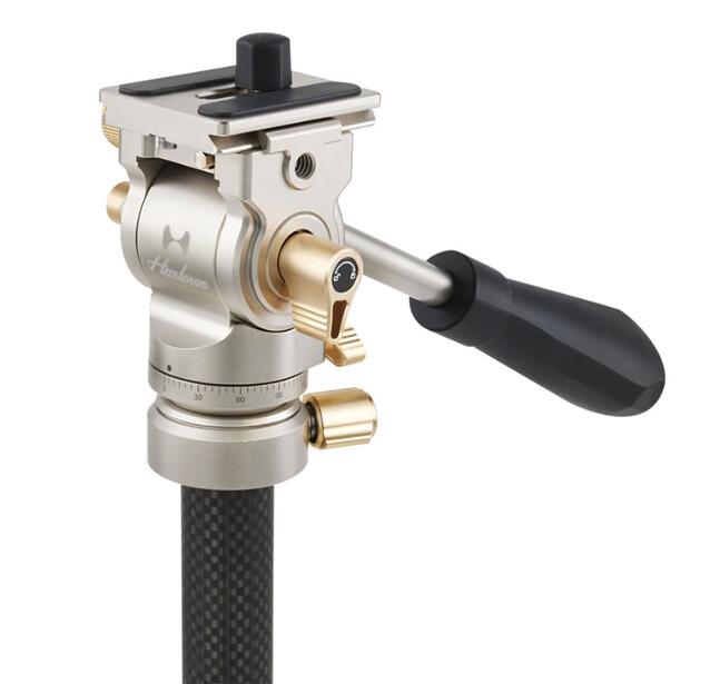 Professional ball head tripod mount with fluid pan-tilt mechanism and black ergonomic handle