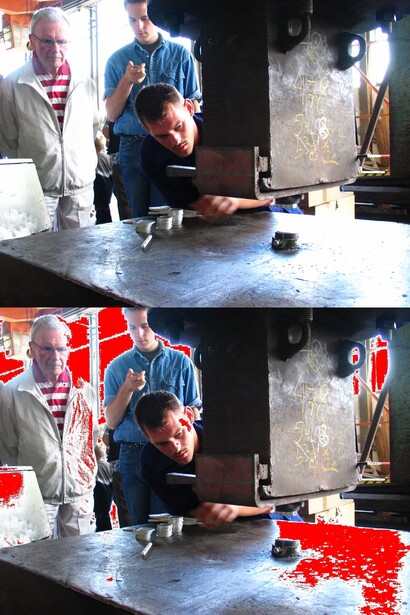 Split-screen comparison showing metalworking or fabrication process with red material appearing in lower frame