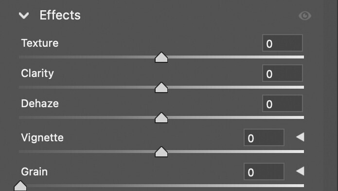 Screenshot of Effects panel showing adjustment sliders for Texture, Clarity, Dehaze, Vignette, and Grain